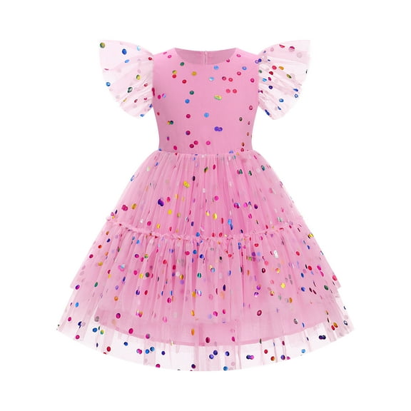 IBTOM CASTLE Kids Girls Princess Tulle Tutu Dress Flutter Sleeve Star Glitters Rainbow Birthday Party Pageant Summer Dresses 9-10 Years Pink Polka Dots