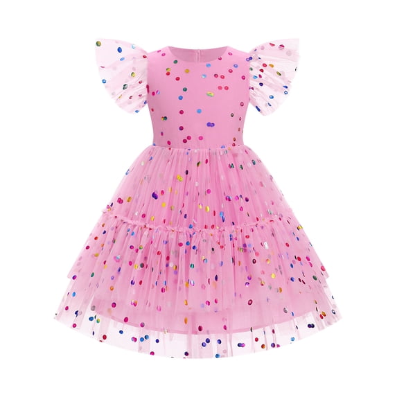 IBTOM CASTLE Kids Girls Princess Tulle Tutu Dress Flutter Sleeve Star Glitters Rainbow Birthday Party Pageant Summer Dresses 9-10 Years Pink Polka Dots