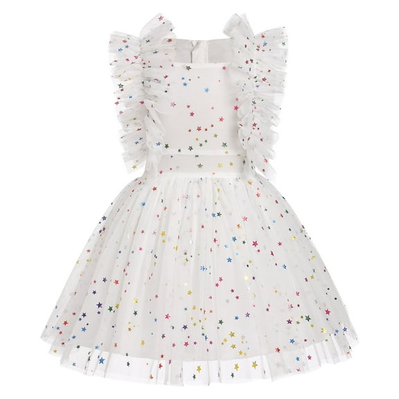 IBTOM CASTLE Kids Girls Birthday Party Dress Sequins Butterfly Daisy Polka Dots Embroidery Princess Tulle Wedding Pageant Evening Gown 5-6 Years White Stars
