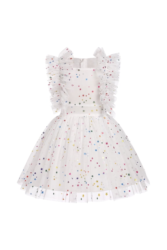 Kids Girls Birthday Party Dress Sequins Butterfly Daisy Polka Dots Embroidery Princess Tulle Wedding Pageant Evening Gown 7-8 Years White Stars