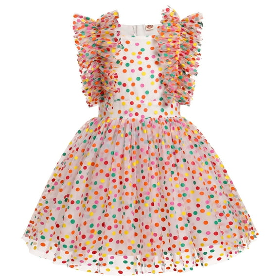 IBTOM CASTLE Kids Girls Birthday Party Dress Sequins Butterfly Daisy Polka Dots Embroidery Princess Tulle Wedding Pageant Evening Gown 5-6 Years Rainbow Polka Dots