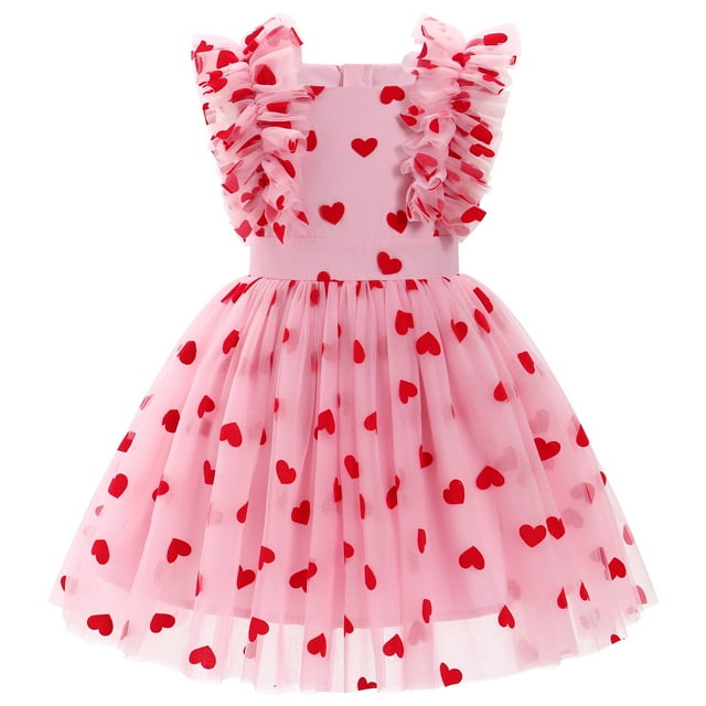 IBTOM CASTLE Kids Girls Sequins Romper Tutu Dress Butterfly Daisy Polka Dots Embroidery Princess Tulle Wedding Pageant Evening Gown Flutter Sleeves Birthday Party Dresses 4-5 Years Pink Heart