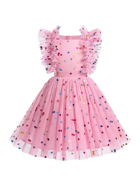Kids Girls Birthday Party Dress Sequins Butterfly Daisy Polka Dots Embroidery Princess Tulle Wedding Pageant Evening Gown 3-4 Years Pink Polka Dots