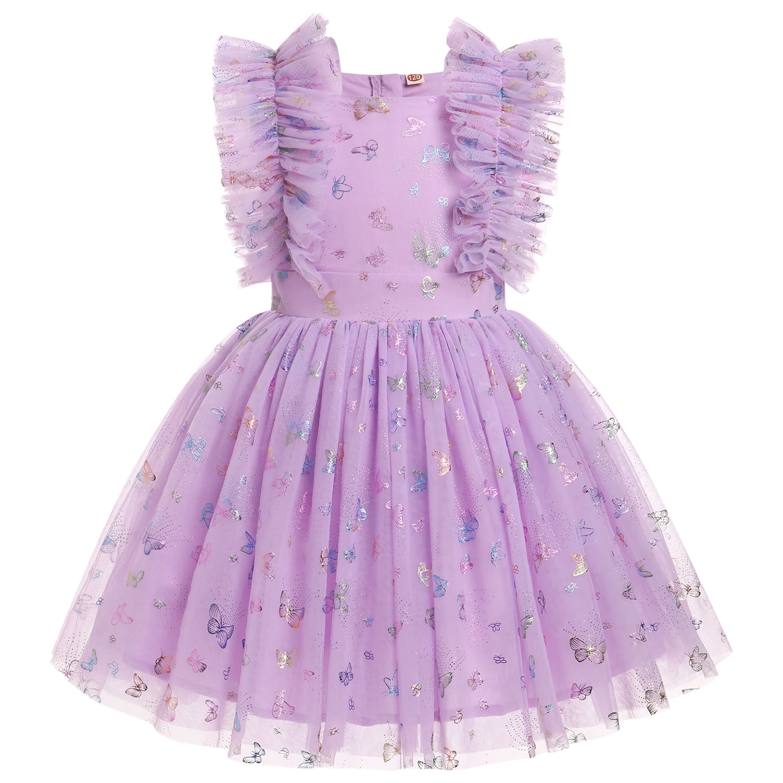 Kids Girls Sequins Romper Tutu Dress Butterfly Daisy Polka Dots Embroidery Princess Tulle Wedding Pageant Evening Gown Flutter Sleeves Birthday Party Dresses 7-8 Years Purple Butterfly