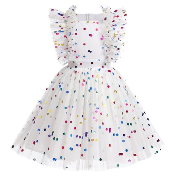 IBTOM CASTLE Kids Girls Birthday Party Dress Sequins Butterfly Daisy Polka Dots Embroidery Princess Tulle Wedding Pageant Evening Gown 5-6 Years White Polka Dots