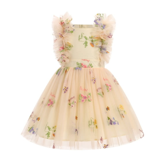 IBTOM CASTLE Kids Girls Birthday Party Dress Sequins Butterfly Daisy Polka Dots Embroidery Princess Tulle Wedding Pageant Evening Gown 5-6 Years Apricot Floral