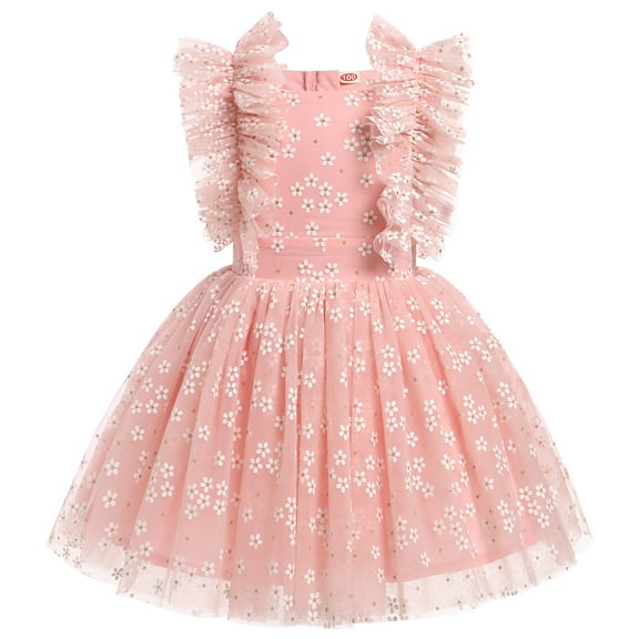 IBTOM CASTLE Kids Girls Birthday Party Dress Sequins Butterfly Daisy Polka Dots Embroidery Princess Tulle Wedding Pageant Evening Gown 5-6 Years Pink Flower