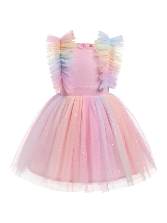 Kids Girls Birthday Party Dress Sequins Butterfly Daisy Polka Dots Embroidery Princess Tulle Wedding Pageant Evening Gown 3-4 Years Rainbow Sequin