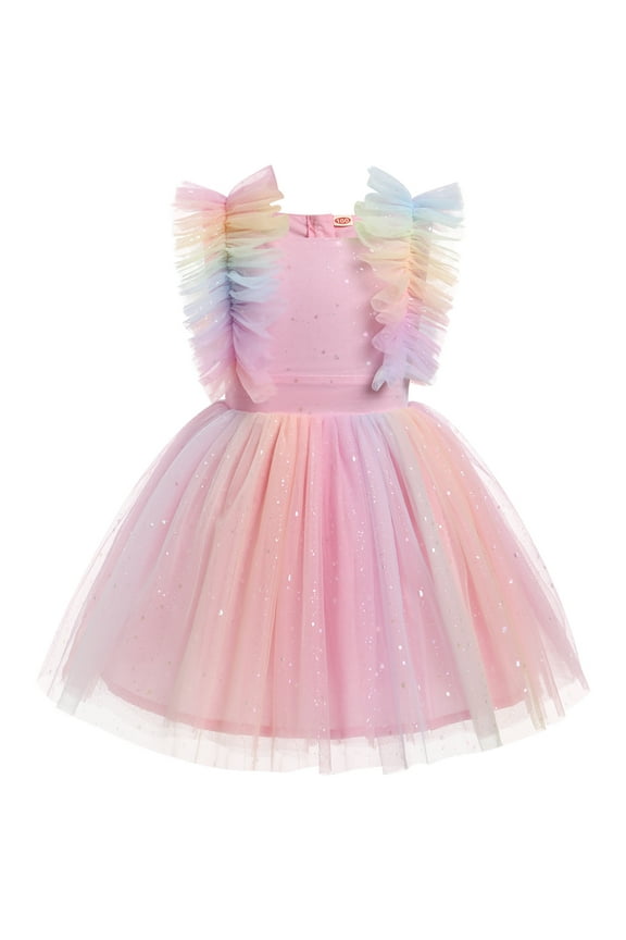 Kids Girls Birthday Party Dress Sequins Butterfly Daisy Polka Dots Embroidery Princess Tulle Wedding Pageant Evening Gown 5-6 Years Rainbow Sequin