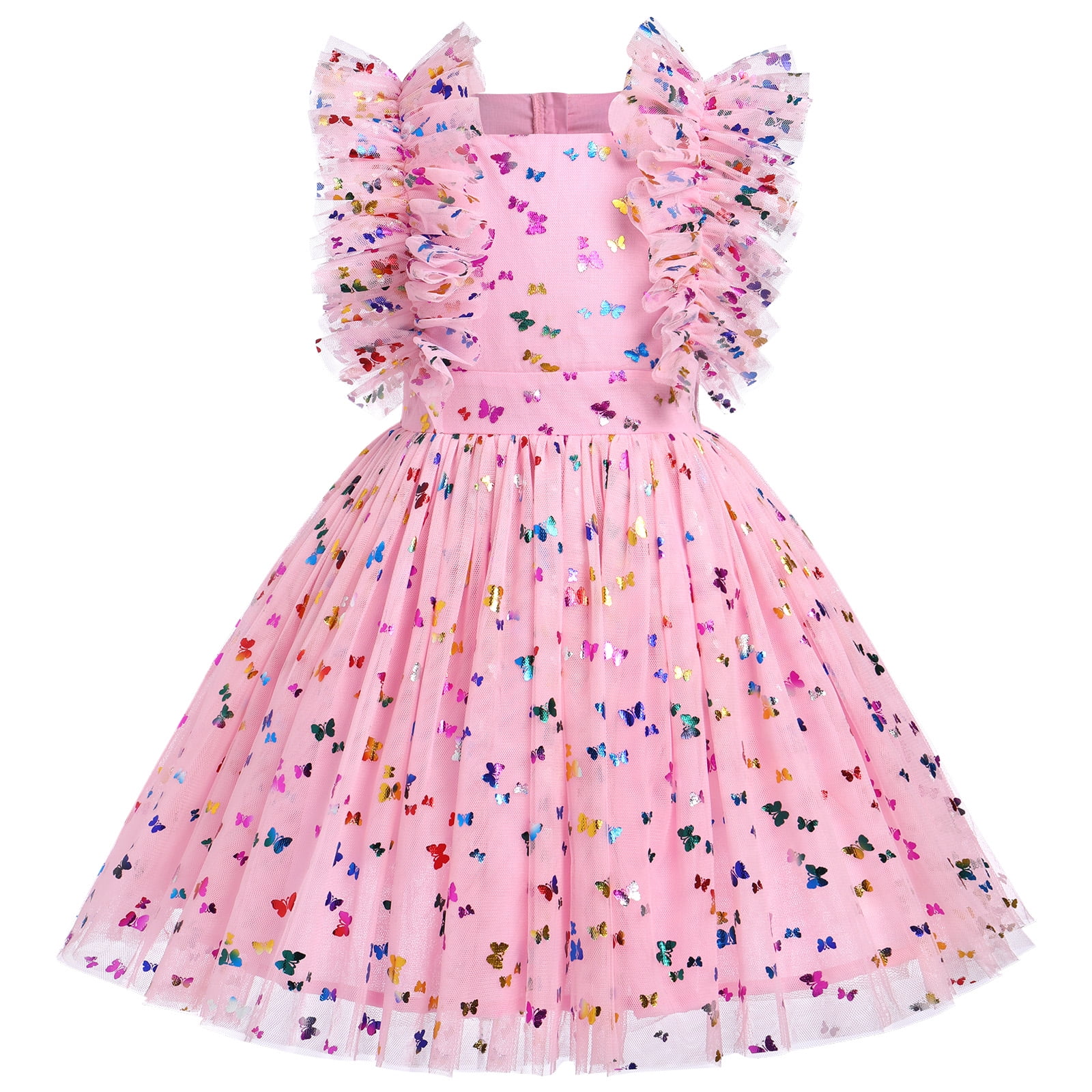 IBTOM CASTLE Kids Girls Sequins Romper Tutu Dress Butterfly Daisy Polka Dots Embroidery Princess Tulle Wedding Pageant Evening Gown Flutter Sleeves Birthday Party Dresses 7-8 Years Pink Butterfly