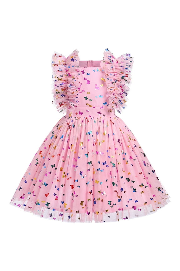 Kids Girls Birthday Party Dress Sequins Butterfly Daisy Polka Dots Embroidery Princess Tulle Wedding Pageant Evening Gown 7-8 Years Pink Butterfly