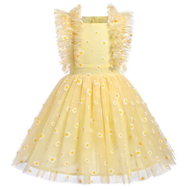 IBTOM CASTLE Kids Girls Sequins Romper Tutu Dress Butterfly Daisy Polka Dots Embroidery Princess Tulle Wedding Pageant Evening Gown Flutter Sleeves Birthday Party Dresses 5-6 Years Yellow Daisy