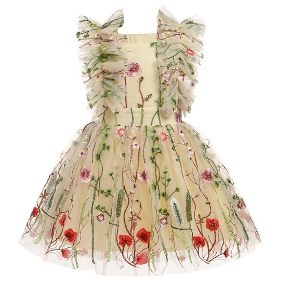 IBTOM CASTLE Kids Girls Birthday Party Dress Sequins Butterfly Daisy Polka Dots Embroidery Princess Tulle Wedding Pageant Evening Gown 5-6 Years Apricot Flower