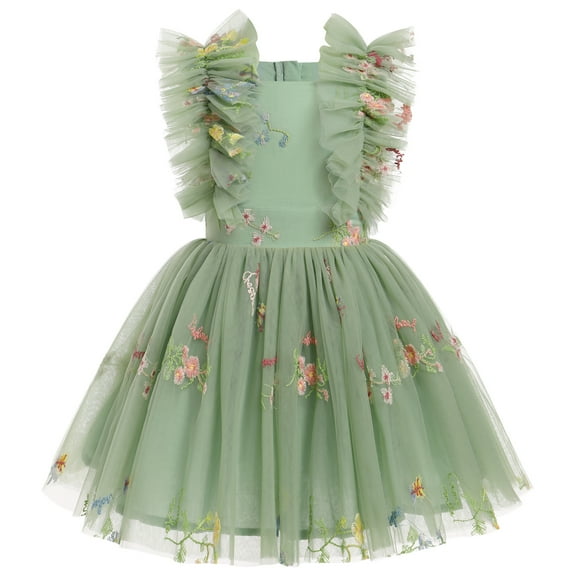 IBTOM CASTLE Kids Girls Birthday Party Dress Sequins Butterfly Daisy Polka Dots Embroidery Princess Tulle Wedding Pageant Evening Gown 5-6 Years Sage Green Floral