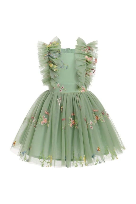 Kids Girls Birthday Party Dress Sequins Butterfly Daisy Polka Dots Embroidery Princess Tulle Wedding Pageant Evening Gown 3-4 Years Sage Green Floral