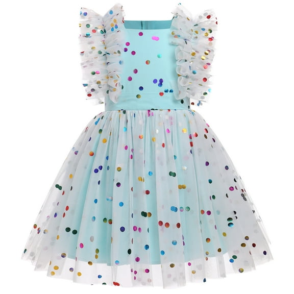 IBTOM CASTLE Kids Girls Birthday Party Dress Sequins Butterfly Daisy Polka Dots Embroidery Princess Tulle Wedding Pageant Evening Gown 5-6 Years Blue Polka Dots