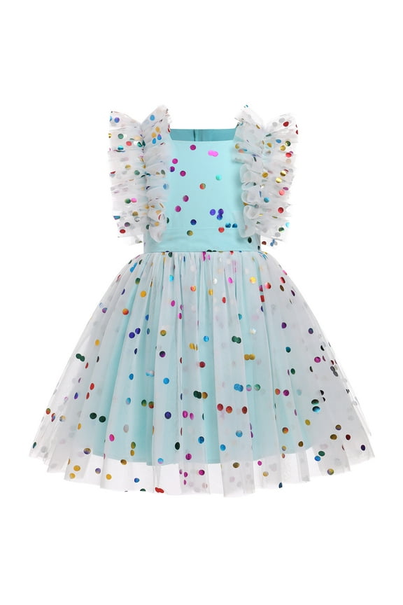 Kids Girls Birthday Party Dress Sequins Butterfly Daisy Polka Dots Embroidery Princess Tulle Wedding Pageant Evening Gown 5-6 Years Blue Polka Dots