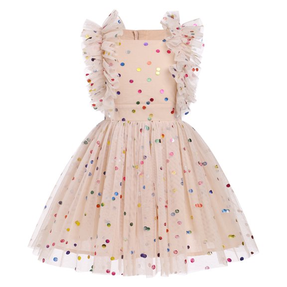 IBTOM CASTLE Kids Girls Birthday Party Dress Sequins Butterfly Daisy Polka Dots Embroidery Princess Tulle Wedding Pageant Evening Gown 5-6 Years Apricot Polka Dots