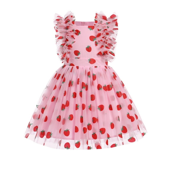 IBTOM CASTLE Kids Girls Birthday Party Dress Sequins Butterfly Daisy Polka Dots Embroidery Princess Tulle Wedding Pageant Evening Gown 5-6 Years Pink Strawberry