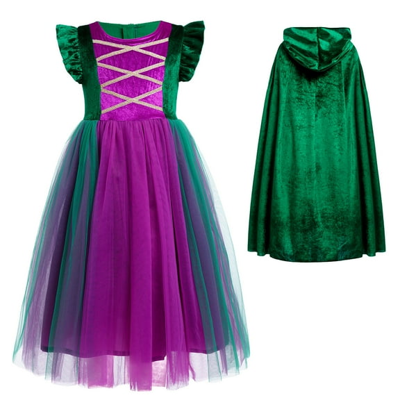 IBTOM CASTLE Kids Girls Witch Costume Tulle Dress Velvet Hooded Cloak Wigs Set Halloween Cosplay Birthday Party Carnival Dress up Outfit 5-6 Years Green 2pcs