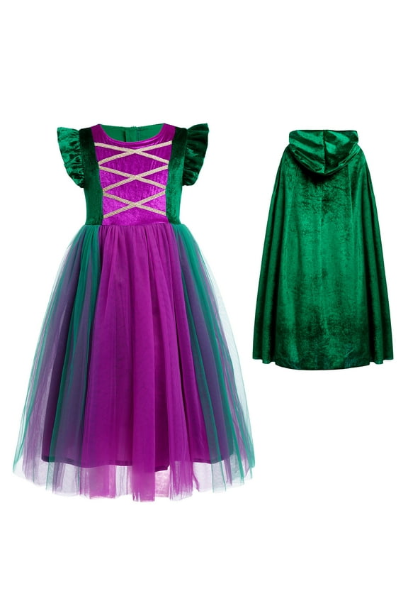Kids Girls Witch Costume Tulle Dress Velvet Hooded Cloak Wigs Set Halloween Cosplay Birthday Party Carnival Dress up Outfit 4-5 Years Green 2pcs