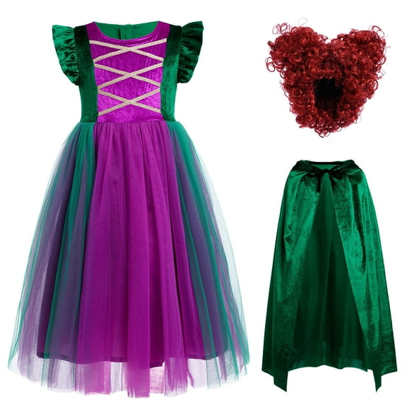 IBTOM CASTLE Kids Girls Witch Costume Tulle Dress Velvet Hooded Cloak Wigs Set Halloween Cosplay Birthday Party Carnival Dress up Outfit 7-8 Years Green 3pcs
