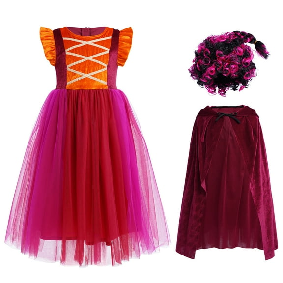 IBTOM CASTLE Kids Girls Witch Costume Tulle Dress Velvet Hooded Cloak Wigs Set Halloween Cosplay Birthday Party Carnival Dress up Outfit 7-8 Years Wine Red 3pcs