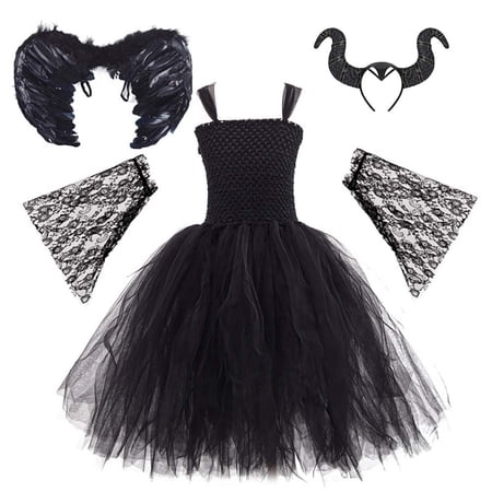 IBTOM CASTLE Kids Girls Witch Costume Handmade Knitted Tulle Dress Evil Queen Dress up Costume for Halloween Carnival Cosplay 11-12 Years Black 4pcs