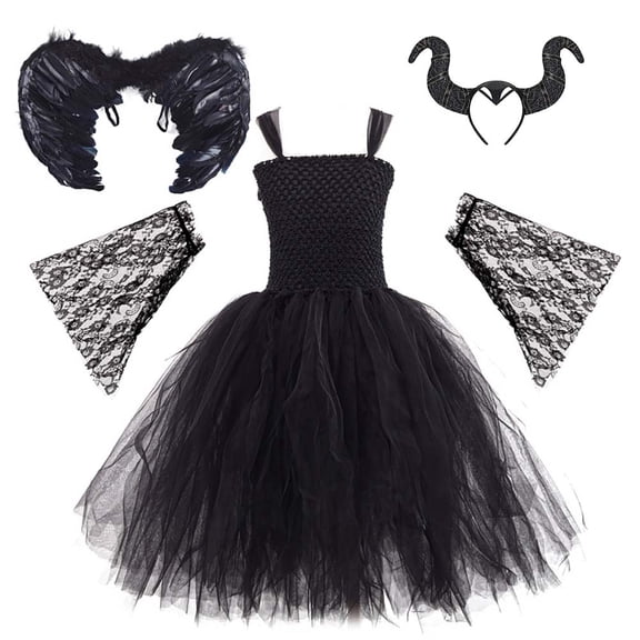 IBTOM CASTLE Kids Girls Witch Costume Handmade Knitted Tulle Dress Evil Queen Dress up Costume for Halloween Carnival Cosplay 11-12 Years Black 4pcs