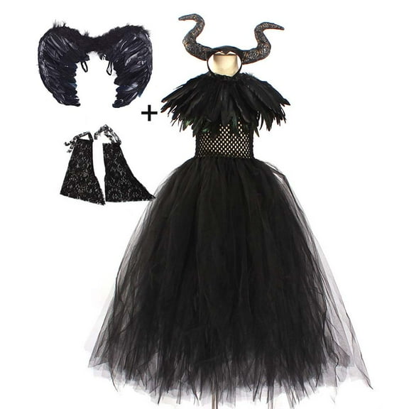 IBTOM CASTLE Kids Girls Witch Costume Handmade Knitted Tulle Dress Evil Queen Dress up Costume for Halloween Carnival Cosplay 6-7 Years Black 5pcs