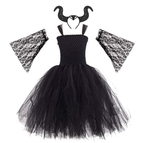 IBTOM CASTLE Kids Girls Witch Costume Handmade Knitted Tulle Dress with Horns Headband Halloween Carnival Cosplay Dress up Outfits 9-10 Years Black 3pcs
