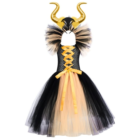 IBTOM CASTLE Kids Girls Witch Costume Handmade Knitted Tulle Dress with Horns Headband Halloween Carnival Cosplay Dress up Outfits 2-3 Years Gold