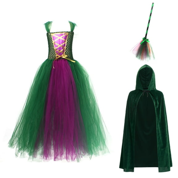 IBTOM CASTLE Kids Girls Witch Costumes Halloween Cosplay Costume Fancy Dress Cloak Witch Broom 3PCS Dress up Outfit 2-3 Years Green