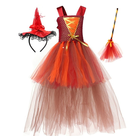 IBTOM CASTLE Kids Girls Witch Costumes Halloween Cosplay Costume Fancy Dress Cloak Witch Broom 3PCS Dress up Outfit 2-3 Years Orange