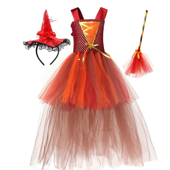 IBTOM CASTLE Kids Girls Witch Costumes Halloween Cosplay Costume Fancy Dress Cloak Witch Broom 3PCS Dress up Outfit 4-5 Years Orange