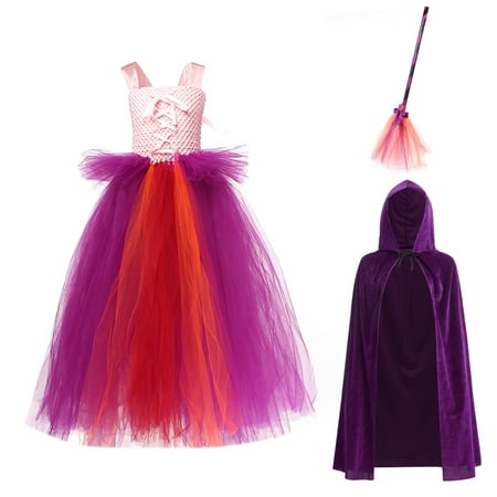 IBTOM CASTLE Kids Girls Witch Costumes Halloween Cosplay Costume Fancy Dress Cloak Witch Broom 3PCS Dress up Outfit 6-7 Years Purple