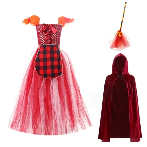 IBTOM CASTLE Kids Girls Witch Costumes Halloween Cosplay Costume Fancy Dress Cloak Witch Broom 3PCS Dress up Outfit 6-7 Years Red