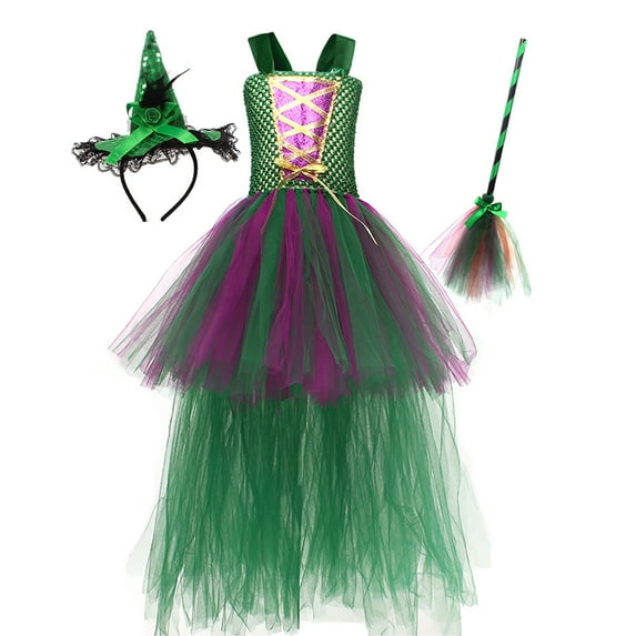 IBTOM CASTLE Kids Girls Witch Costumes Halloween Cosplay Costume Fancy Dress Cloak Witch Broom 3PCS Dress up Outfit 4-5 Years Green2