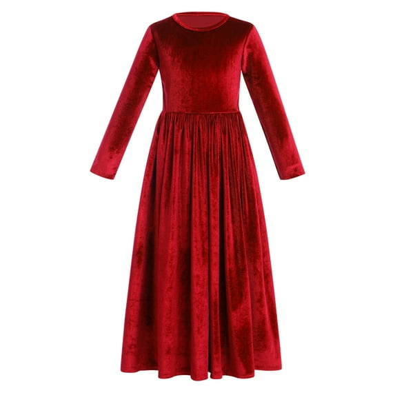 IBTOM CASTLE Kids Little Girls Maxi Velvet Dress with Pockets Long Sleeve Casual Pageant Party Evening Gown 13-14 Years Red