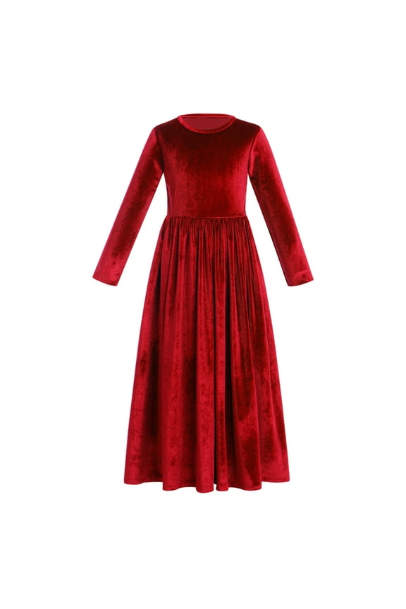 Kids Little Girls Maxi Velvet Dress with Pockets Long Sleeve Casual Pageant Party Evening Gown 5-6 Years Red