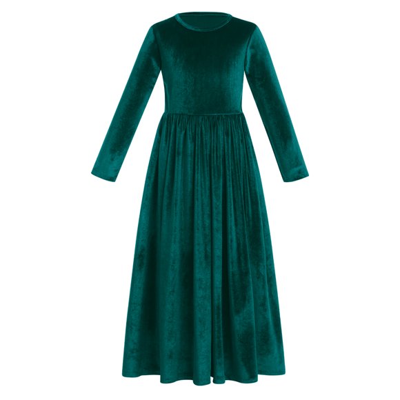 IBTOM CASTLE Kids Little Girls Maxi Velvet Dress with Pockets Long Sleeve Casual Pageant Party Evening Gown 6-7 Years Green
