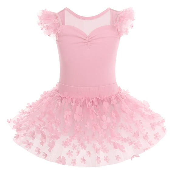 IBTOM CASTLE Kids Toddler Girls Flower Ruffle Fly Sleeve Ballet Leotard with Dance Tutu Skirt Ballerina Dress Dancewear Gymnastics Outfits 7-8 Years Pink