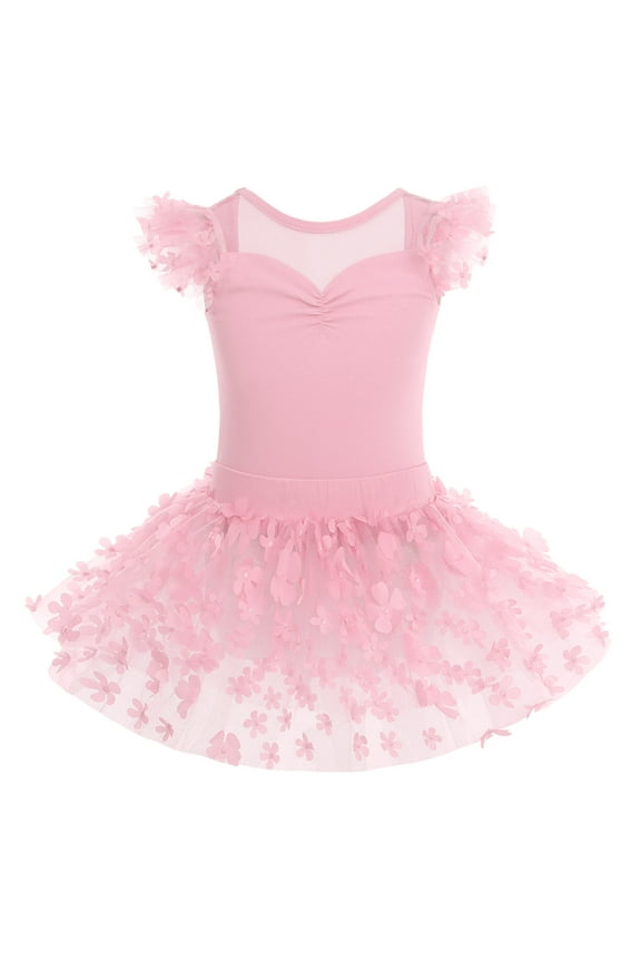 Kids Toddler Girls Flower Ruffle Fly Sleeve Ballet Leotard with Dance Tutu Skirt Ballerina Dress Dancewear Gymnastics Outfits 7-8 Years Pink