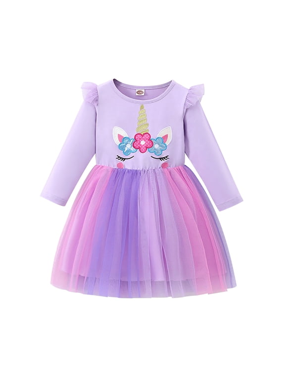 Kids Toddler Girls Long Sleeve Fall Dress Rainbow Unicorns Tutu Dress Princess Birthday Christmas Casual Dresses 5-6 Years Purple Unicorn