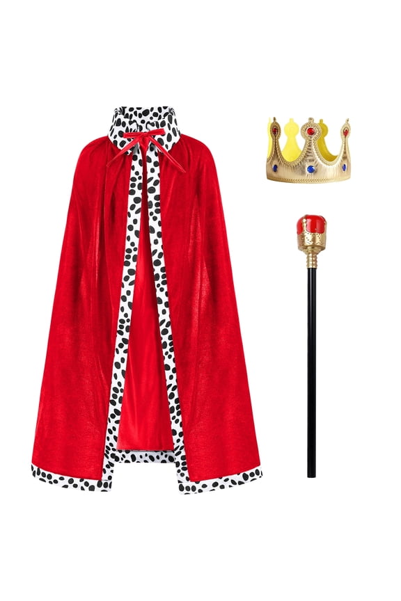 King Costume for Kids Adult King Robe Crown Scepter Set Boys Royal Prince Cape Dress up Halloween Cosplay Outfits 4-9 Years Red