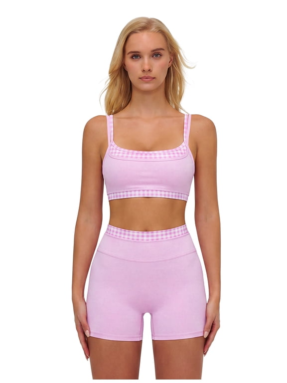 Layered Workout Sets for Women 2 Piece Polka Dot Sports Bra High Waist Shorts Gym Active Yoga Pilates Outfits M Pink