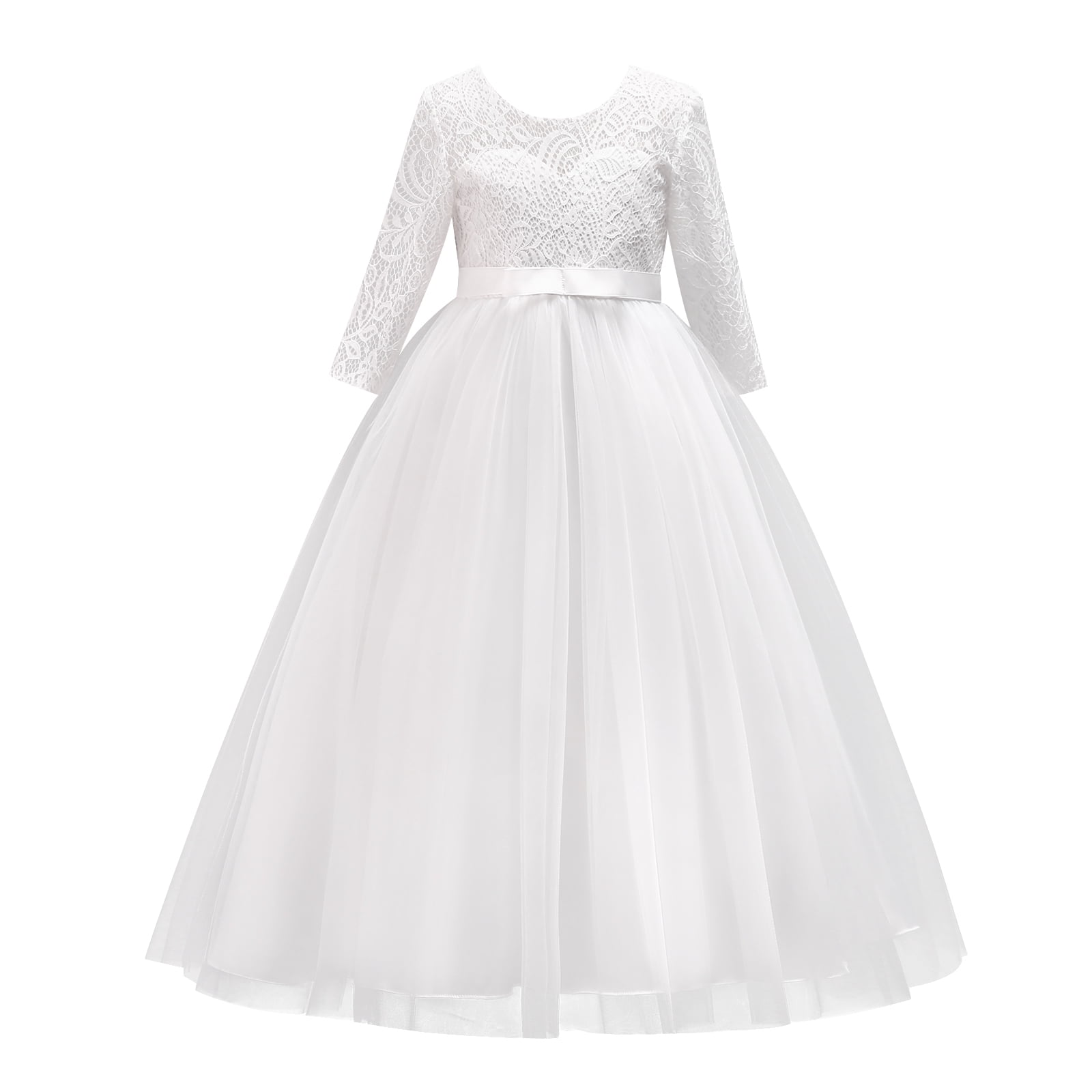 Flower Girls 3/4 Sleeve Deep V-Back Tulle Vintage Lace Wedding Party Long Dress Formal Princess Communion Pageant Maxi Gown 13-14 Years White