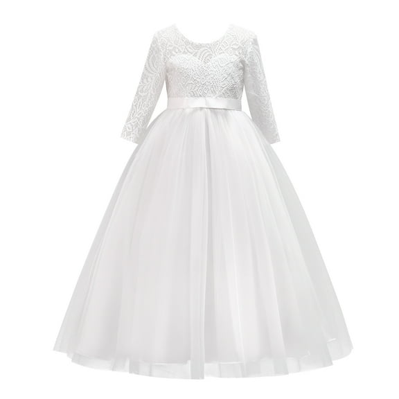 IBTOM CASTLE Flower Girls 3/4 Sleeve Deep V-Back Tulle Vintage Lace Wedding Party Long Dress Formal Princess Communion Pageant Maxi Gown 13-14 Years White
