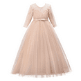 thumbnail image 1 of IBTOM CASTLE Little/Big Girls 3/4 Sleeve Deep V-Back Tulle Vintage Flower Lace Wedding Party Long Dress Formal Princess Communion Pageant Maxi Gown 11-12 Years Champagne, 1 of 8
