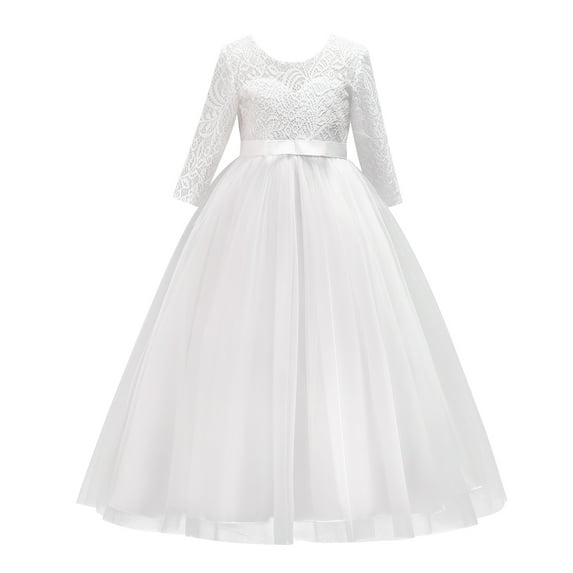 IBTOM CASTLE Flower Girls 3/4 Sleeve Deep V-Back Tulle Vintage Lace Wedding Party Long Dress Formal Princess Communion Pageant Maxi Gown 4-5 Years White